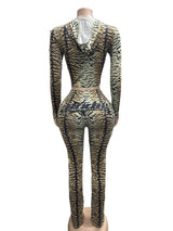Women's Tiger Print Zip-Up Flare Jumpsuit