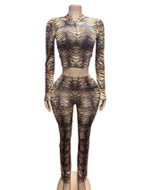 Women's Tiger Print Zip-Up Flare Jumpsuit