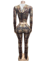 Women's Tiger Print Zip-Up Flare Jumpsuit