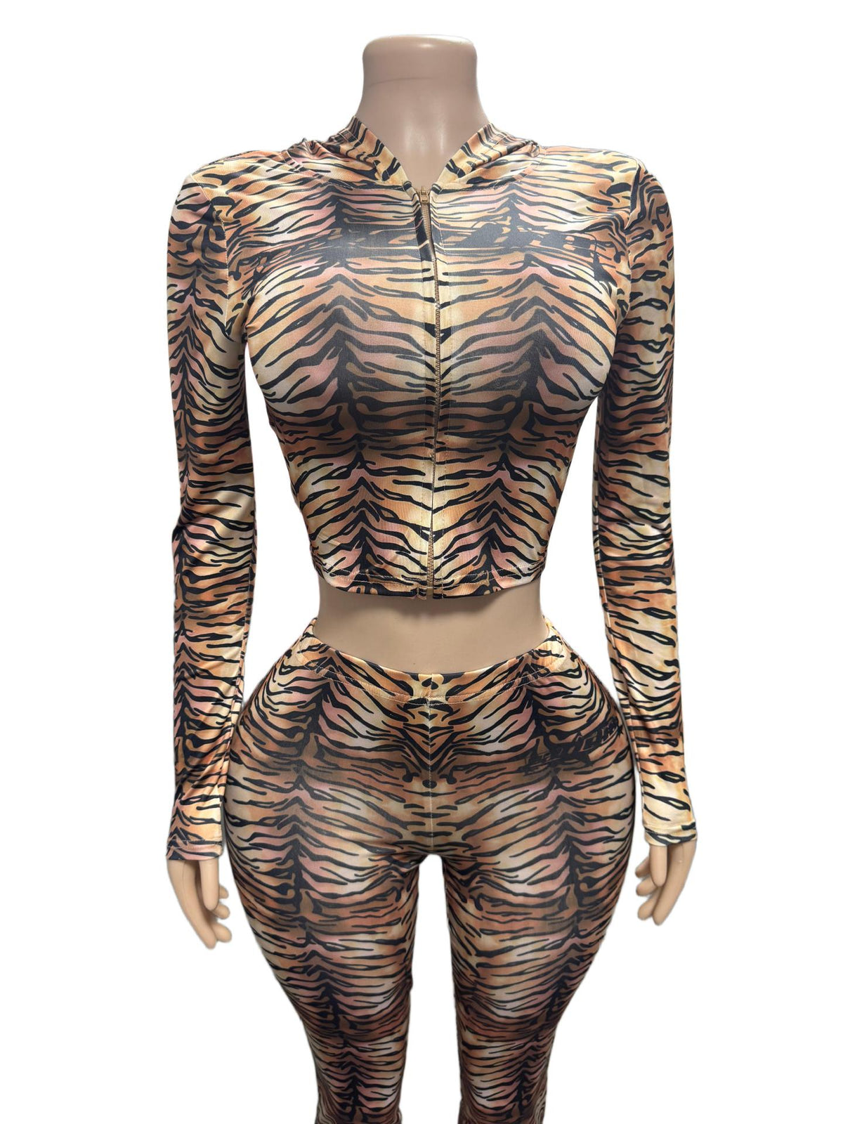 Women's Tiger Print Zip-Up Flare Jumpsuit