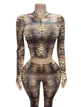 Women's Tiger Print Zip-Up Flare Jumpsuit