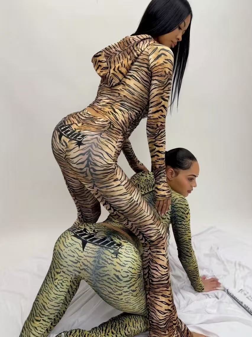 Women's Tiger Print Zip-Up Flare Jumpsuit