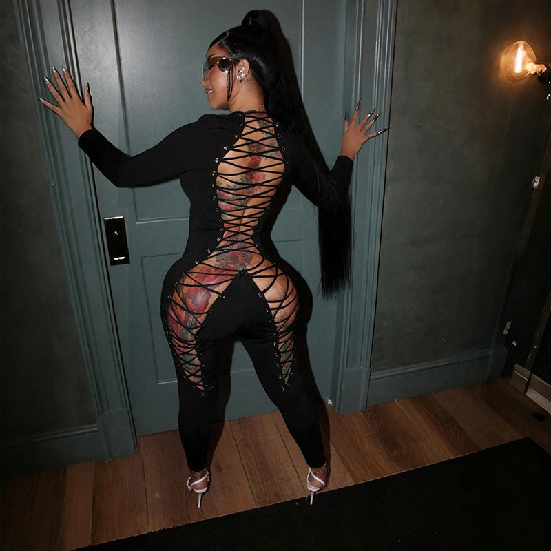 Women's Long Sleeve Plunge Neck Jumpsuit