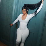 Women's Long Sleeve Plunge Neck Jumpsuit