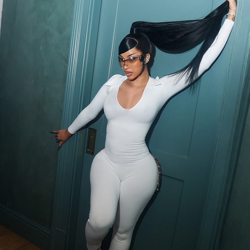 Women's Long Sleeve Plunge Neck Jumpsuit