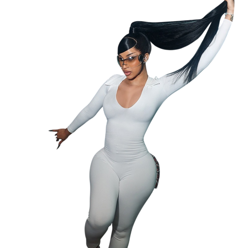 Women's Long Sleeve Plunge Neck Jumpsuit