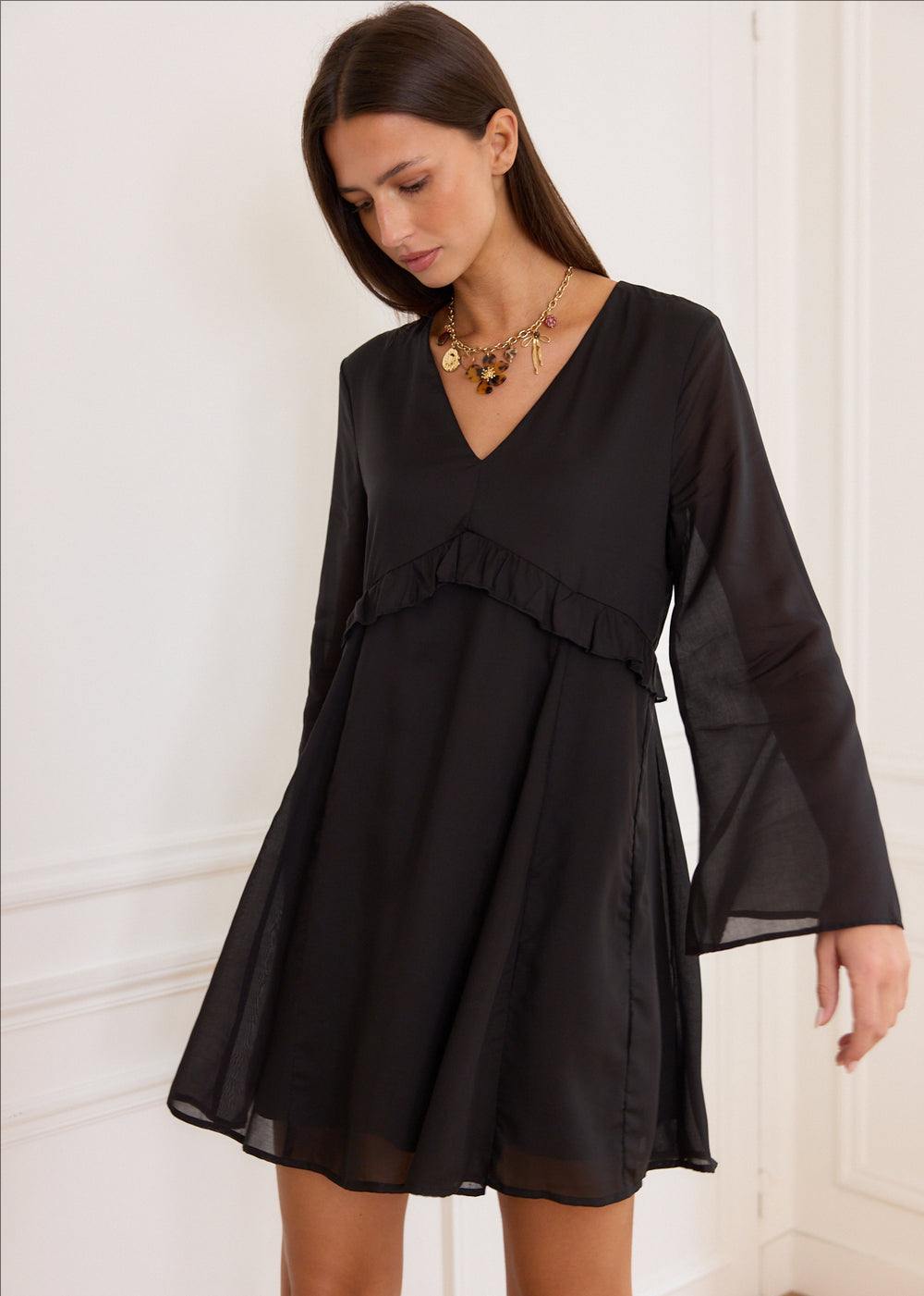 Women's V-Neck Ruffle Trim Mini Dress