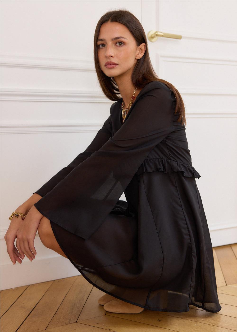 Women's V-Neck Ruffle Trim Mini Dress