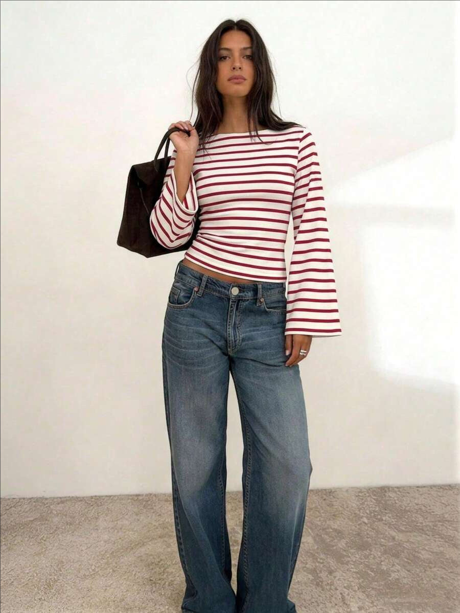 Women's Striped Boat Neck Flare Sleeve Top