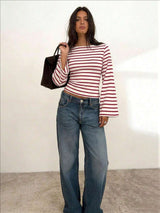Women's Striped Boat Neck Flare Sleeve Top