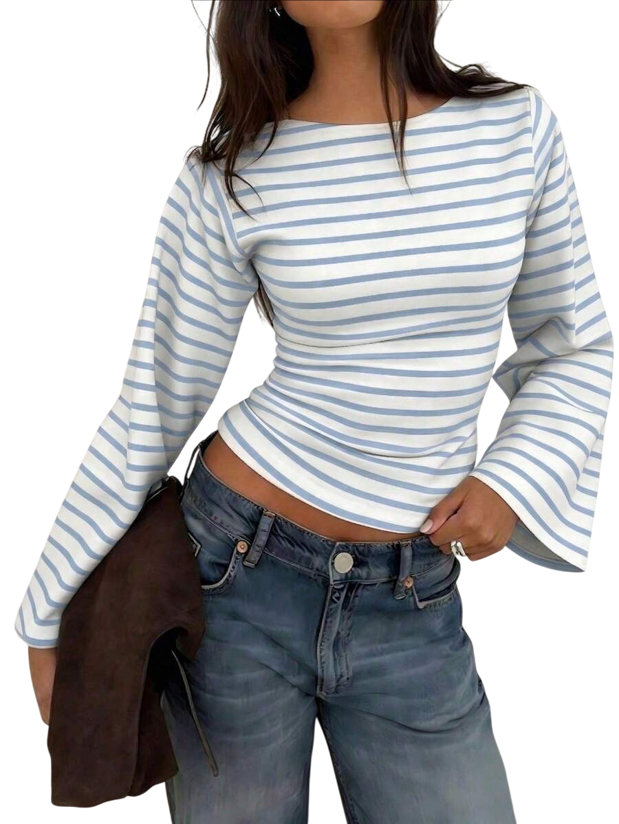 Women's Striped Boat Neck Flare Sleeve Top