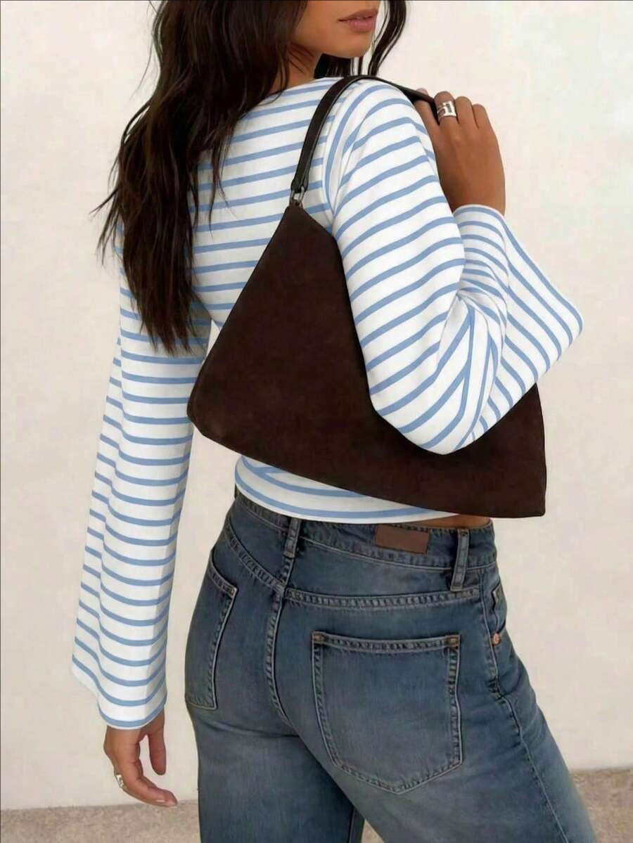 Women's Striped Boat Neck Flare Sleeve Top
