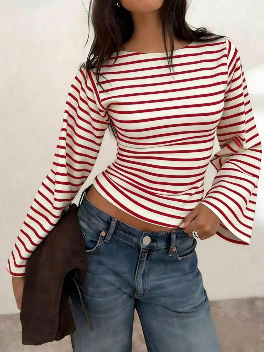 Women's Striped Boat Neck Flare Sleeve Top