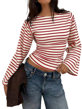 Women's Striped Boat Neck Flare Sleeve Top