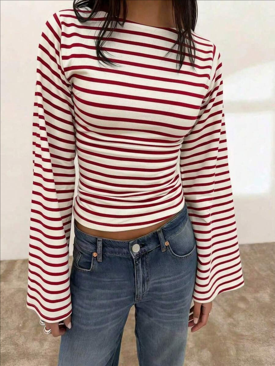 Women's Striped Boat Neck Flare Sleeve Top