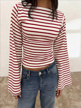 Women's Striped Boat Neck Flare Sleeve Top