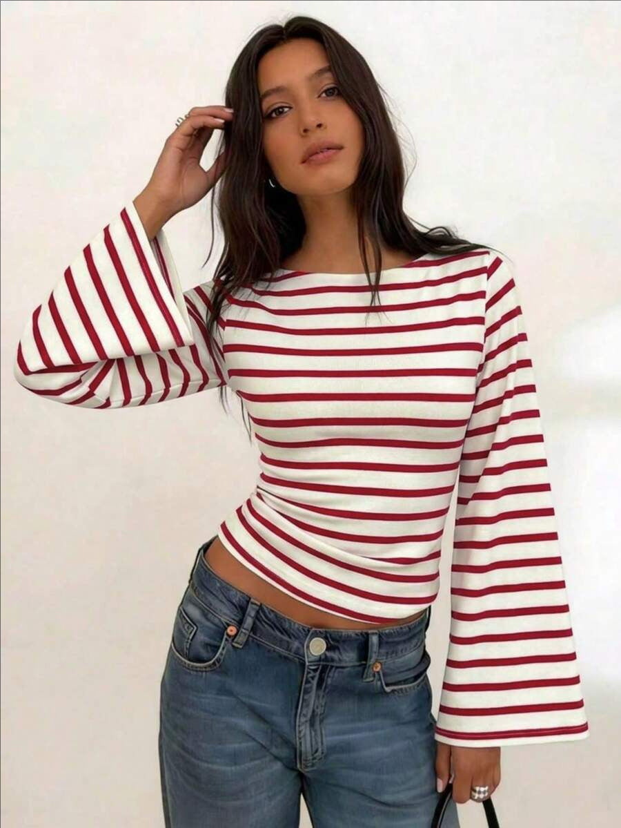 Women's Striped Boat Neck Flare Sleeve Top