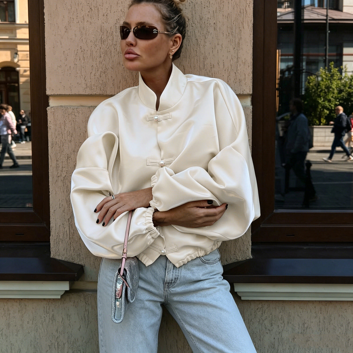 Women's High Neck Puff Sleeve Bomber Jacket