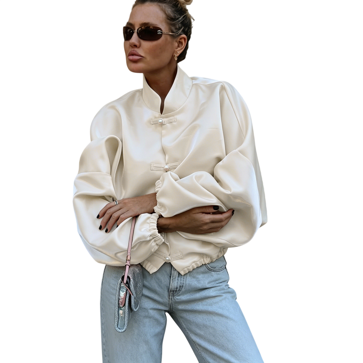 Women's High Neck Puff Sleeve Bomber Jacket
