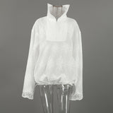 Women's Oversized Zip-Up Top with Lace Trim