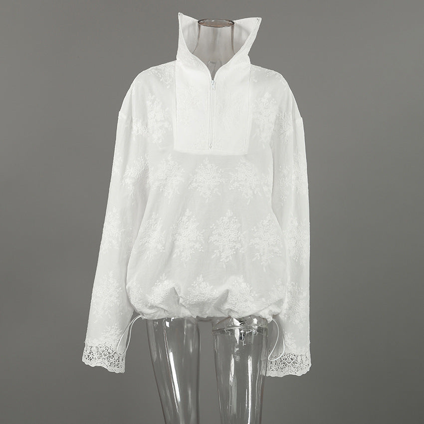 Women's Oversized Zip-Up Top with Lace Trim