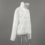 Women's Oversized Zip-Up Top with Lace Trim