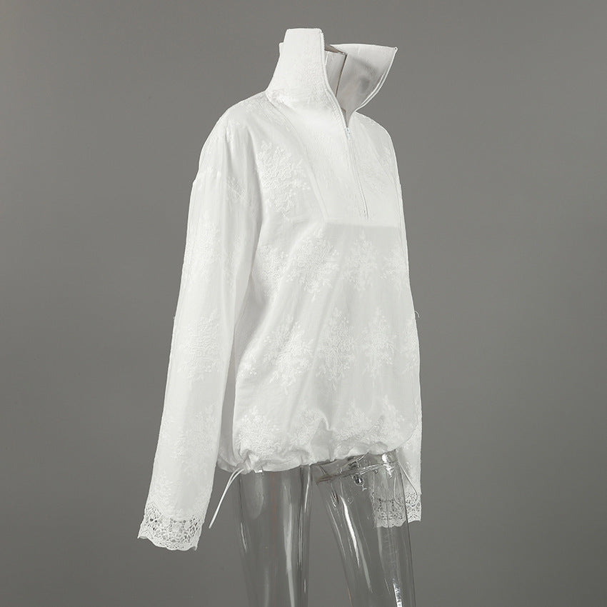 Women's Oversized Zip-Up Top with Lace Trim