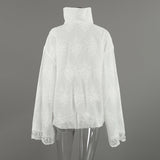 Women's Oversized Zip-Up Top with Lace Trim