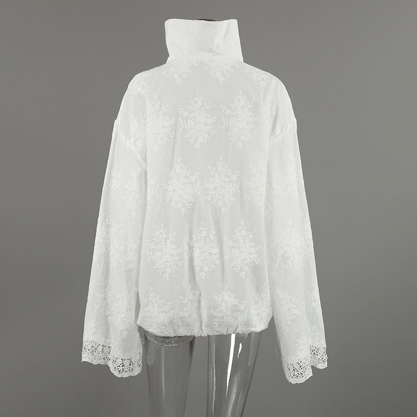 Women's Oversized Zip-Up Top with Lace Trim