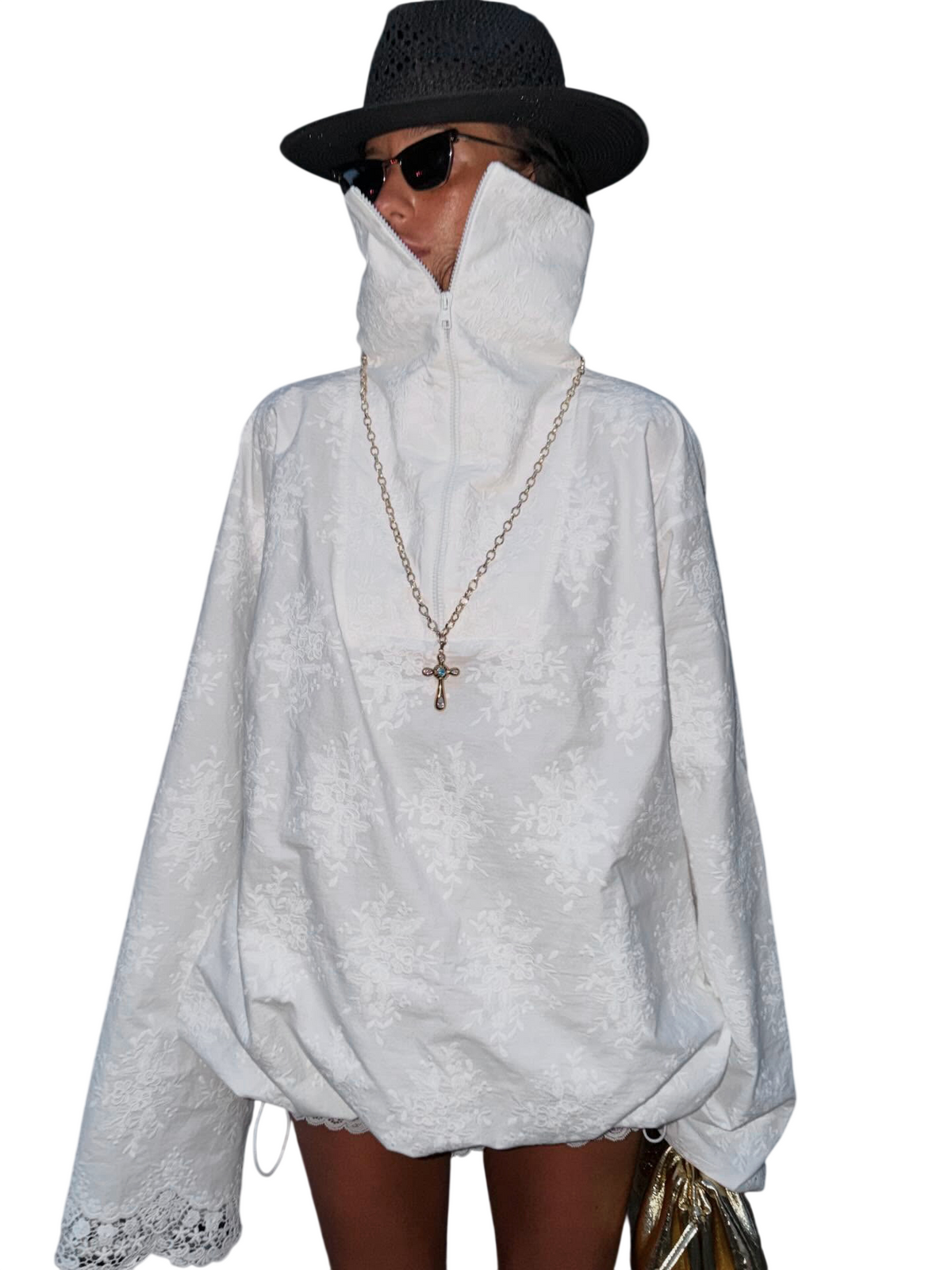 Women's Oversized Zip-Up Top with Lace Trim