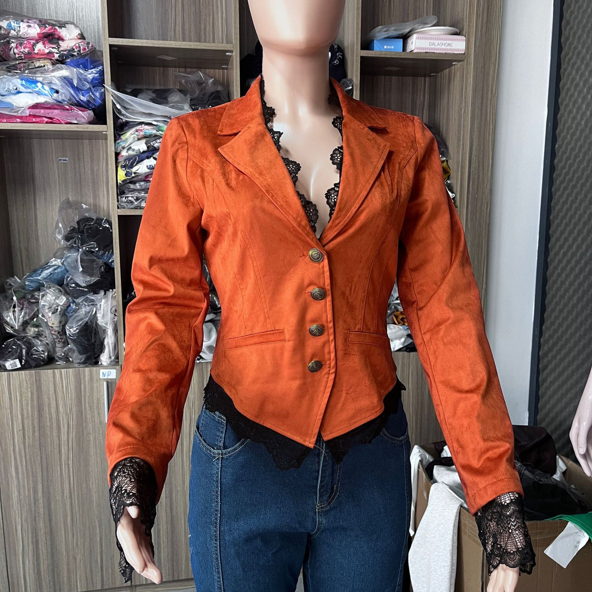 Women's Suede Blazer Jacket with Lace Details