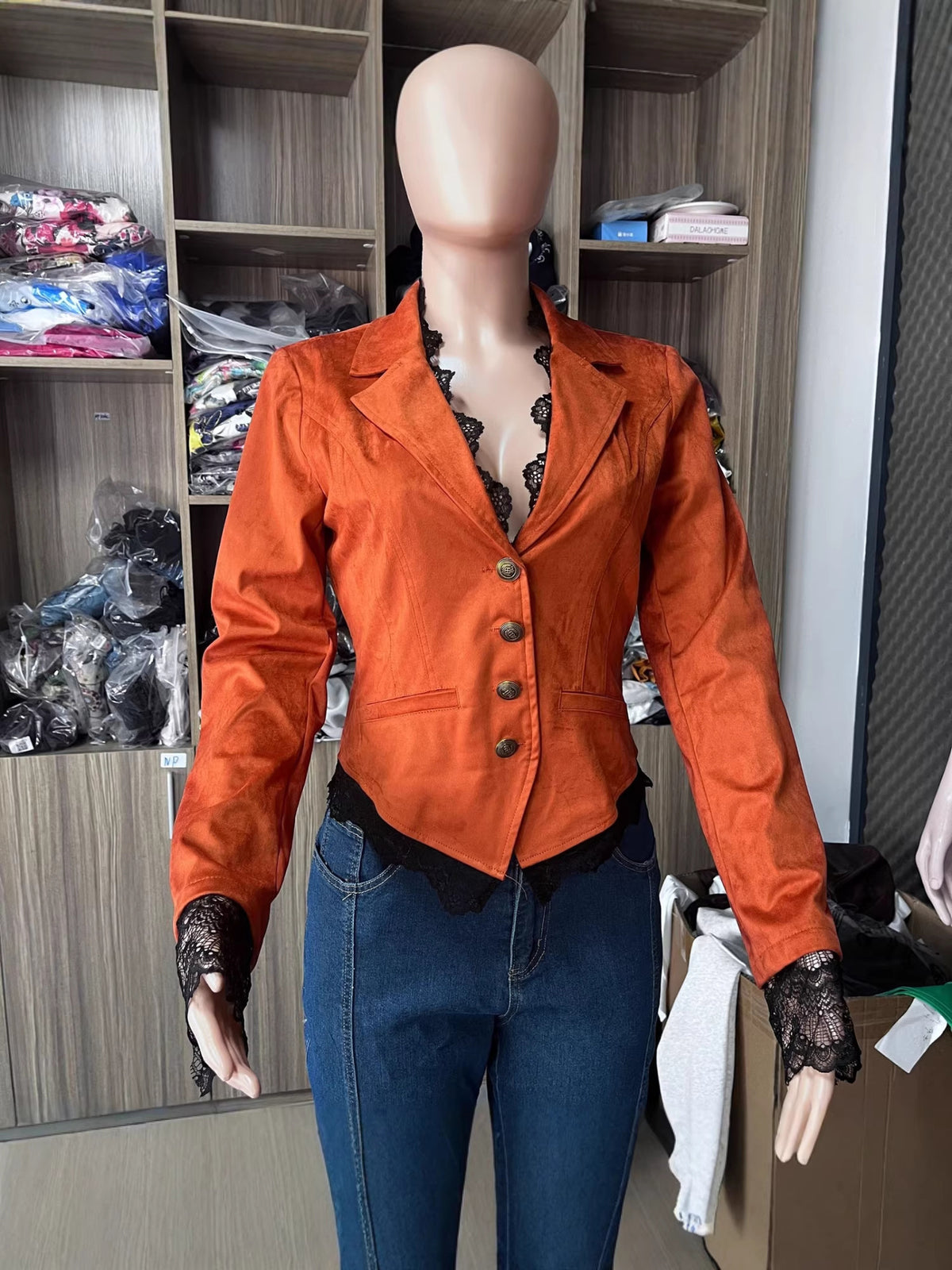 Women's Suede Blazer Jacket with Lace Details
