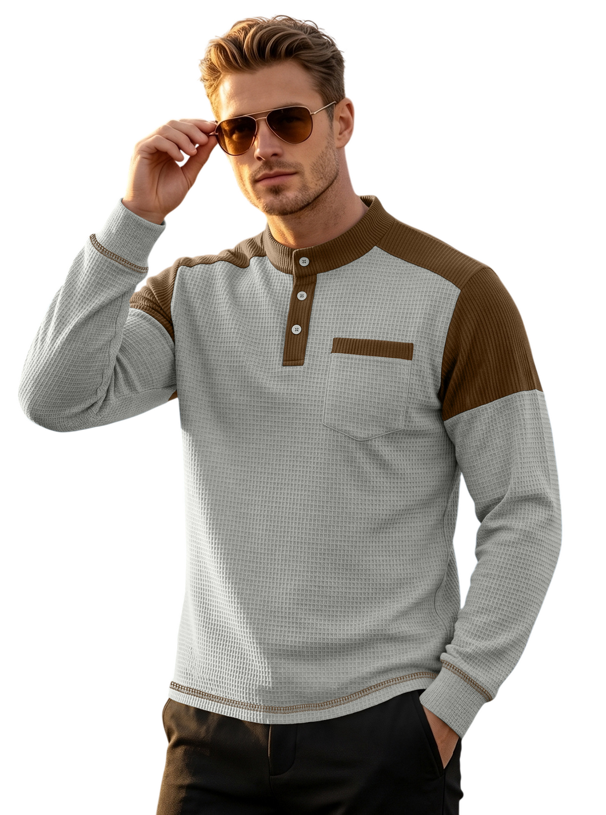 Men's Textured Henley Neck Long Sleeve Top