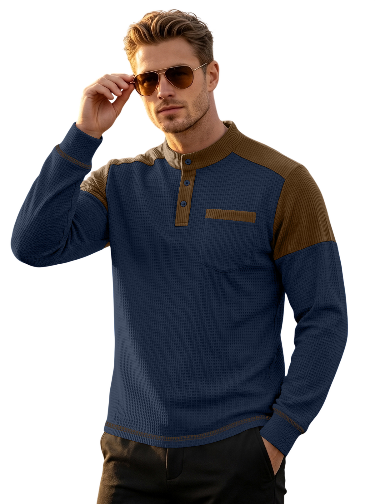 Men's Textured Henley Neck Long Sleeve Top