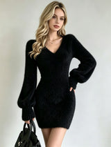 Women's Fuzzy V Neck Long Sleeve Mini Dress