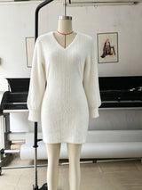 Women's Fuzzy V Neck Long Sleeve Mini Dress