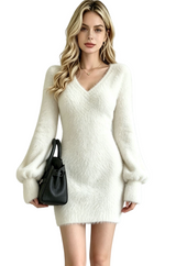 Women's Fuzzy V Neck Long Sleeve Mini Dress