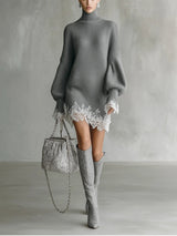 Women's Turtleneck Knit Mini Sweater Dress