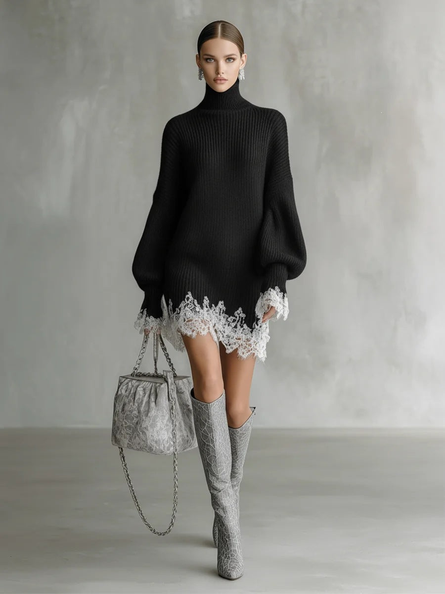 Women's Turtleneck Knit Mini Sweater Dress