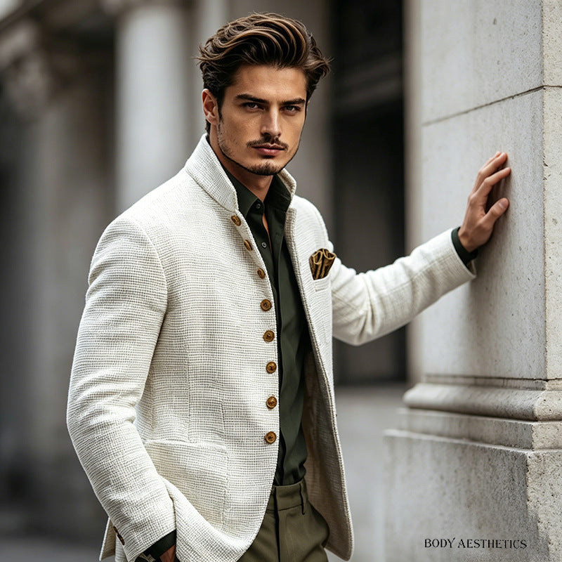 Men's Textured Mandarin Collar Blazer
