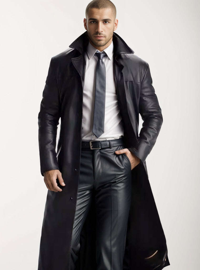 Men's Long Leather Trench Coat