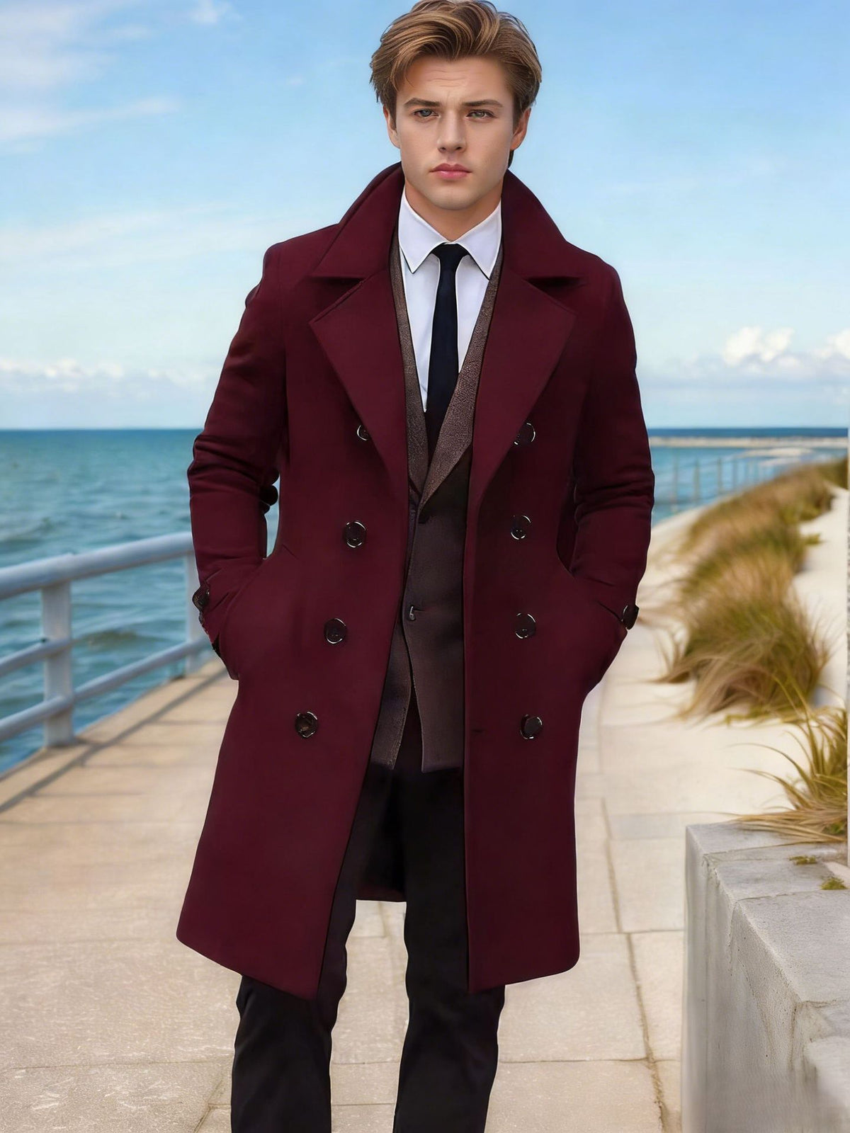 Men's Double Breasted Long Wool Coat