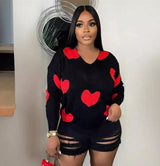 Women's Heart Print V Neck Knit Sweater