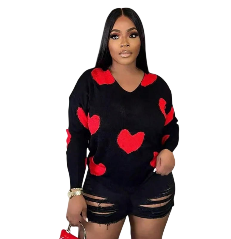 Women's Heart Print V Neck Knit Sweater