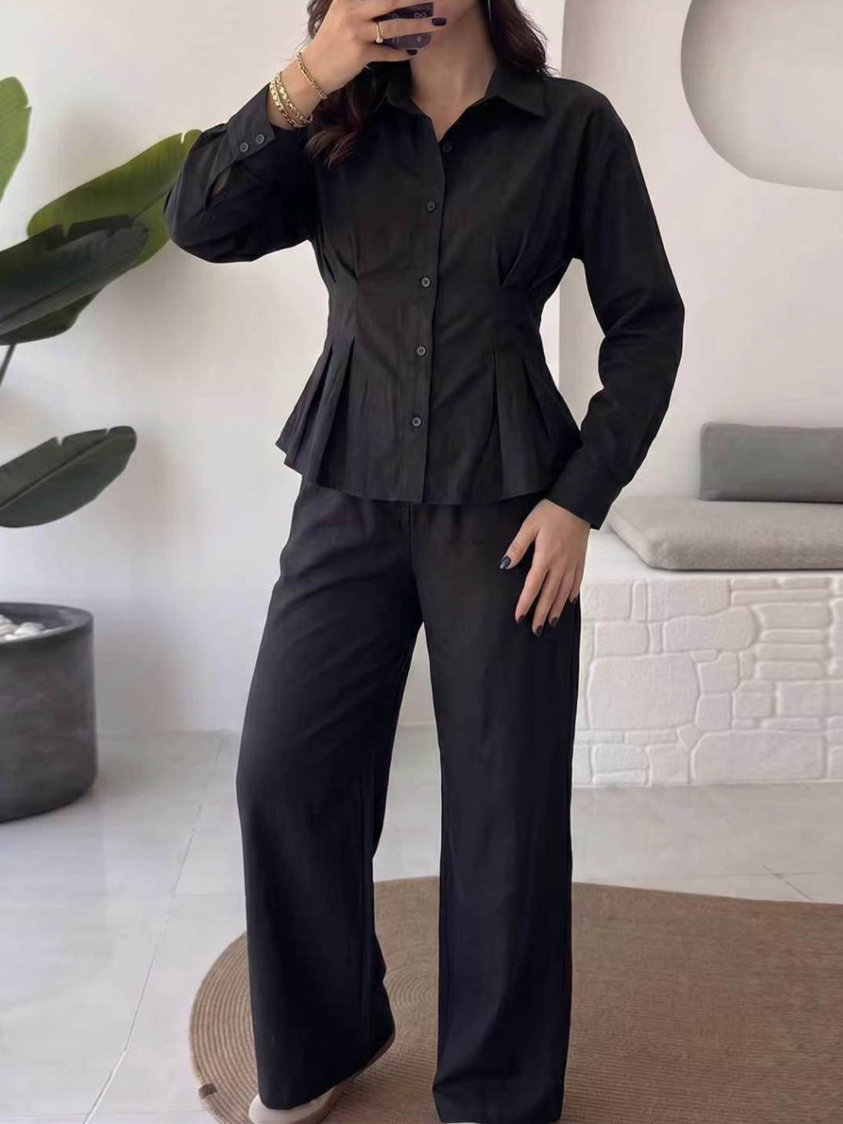 Women's Button Down Shirt and Wide Leg Pants Set