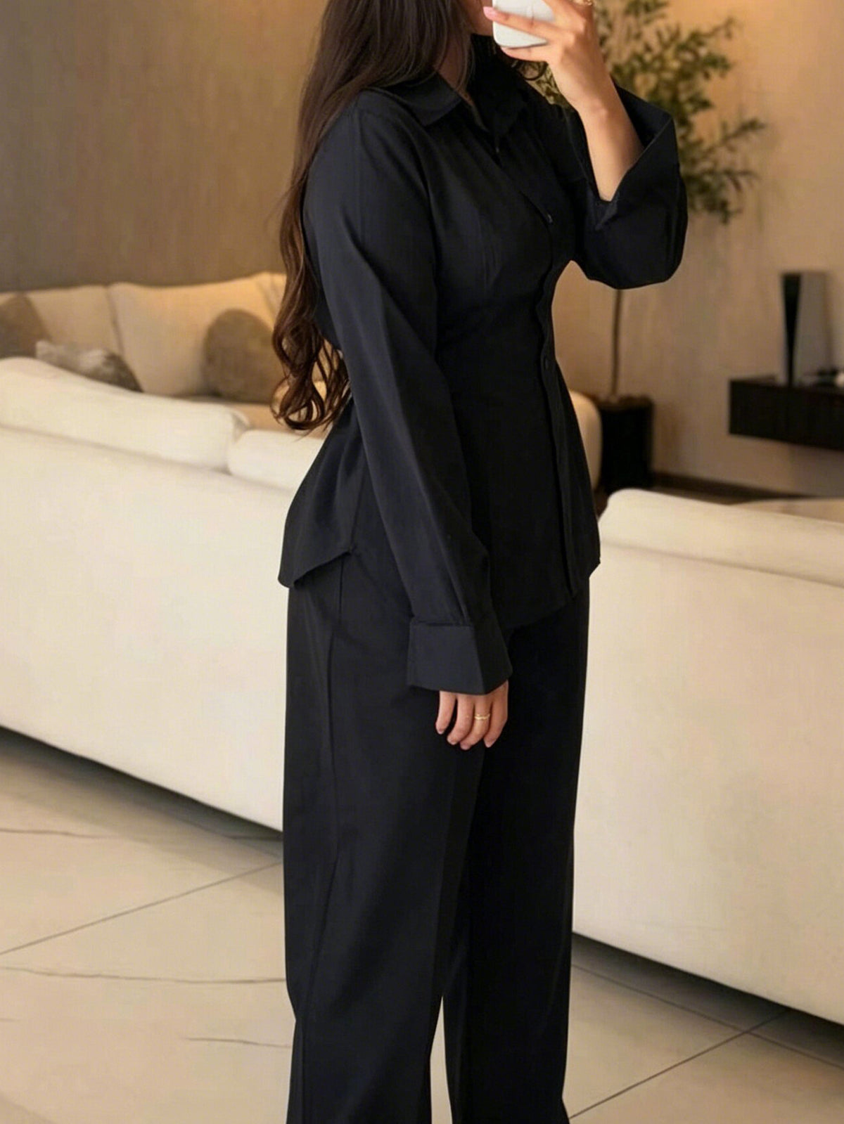 Women's Button Down Shirt and Wide Leg Pants Set