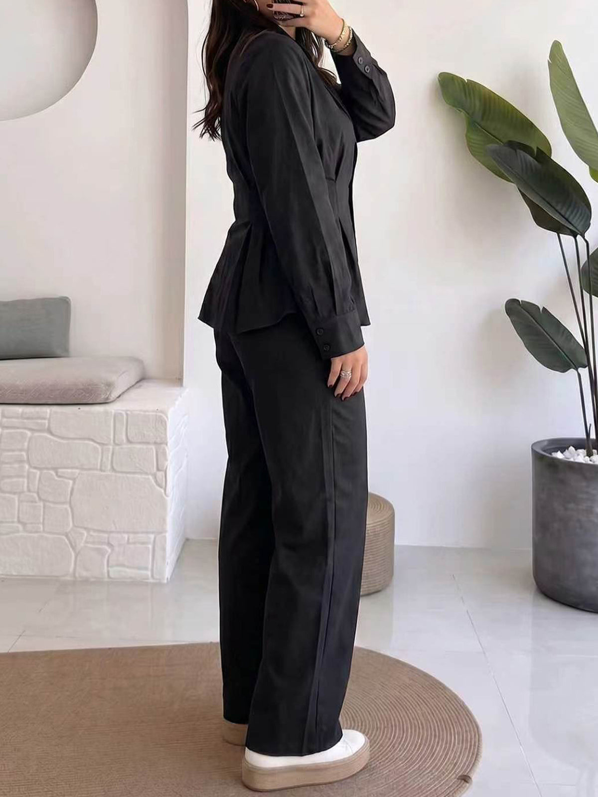Women's Button Down Shirt and Wide Leg Pants Set