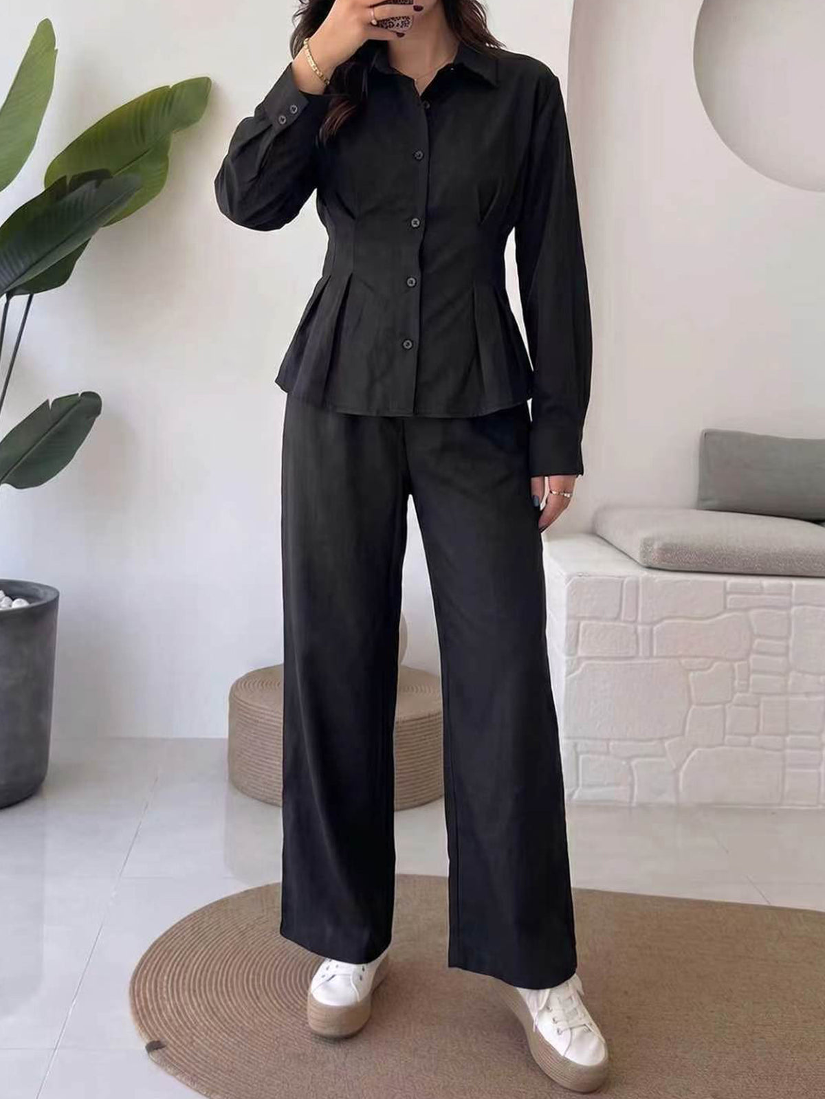 Women's Button Down Shirt and Wide Leg Pants Set