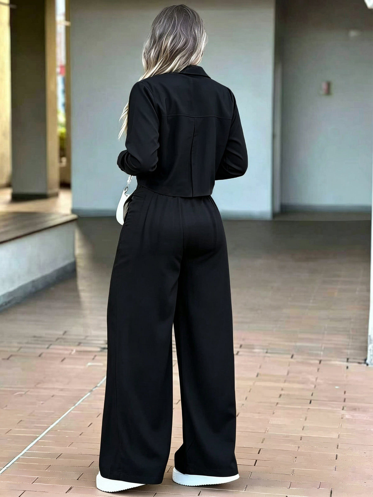 Women's Cropped Shirt and Wide Leg Pants Set