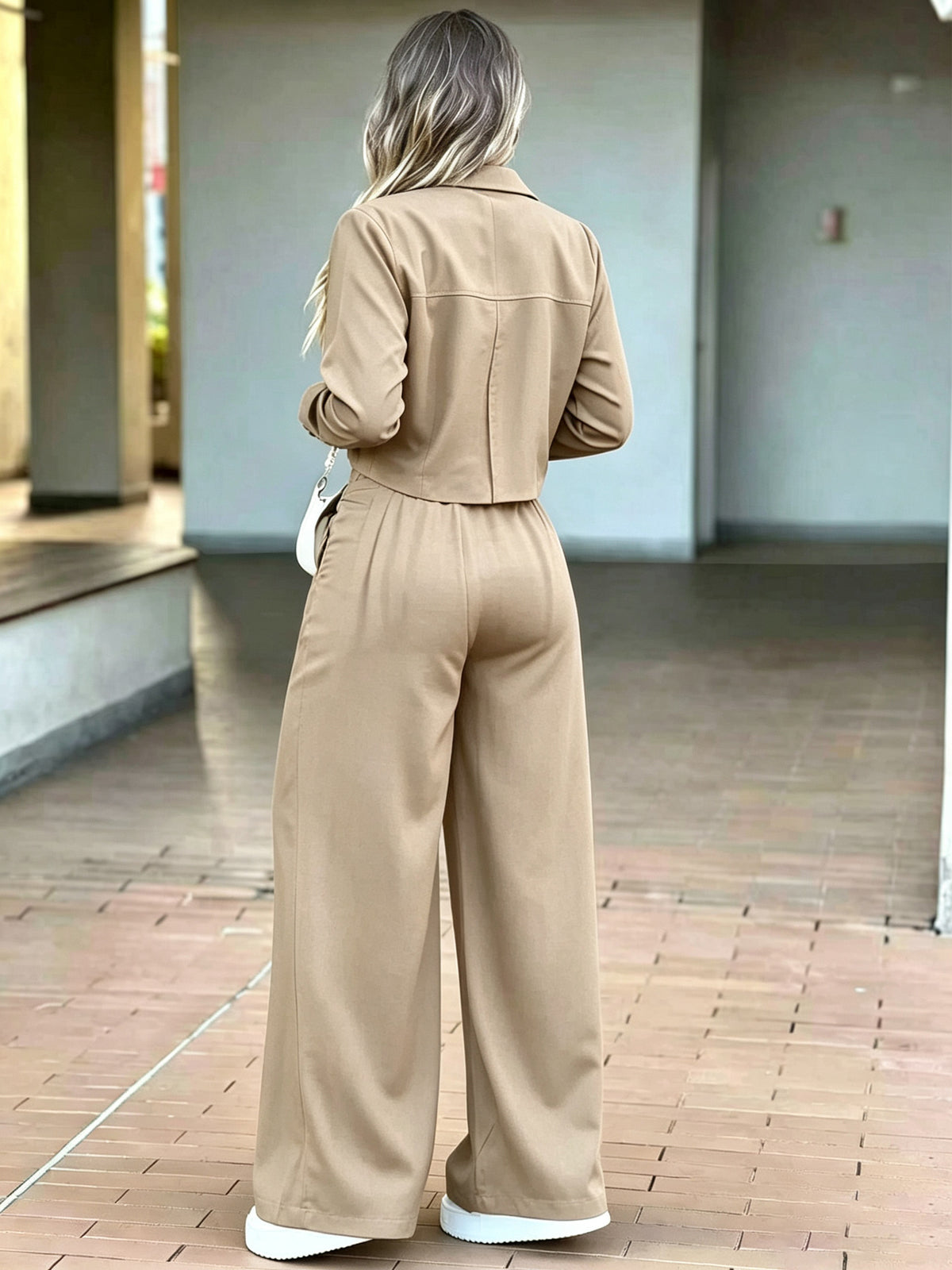 Women's Cropped Shirt and Wide Leg Pants Set
